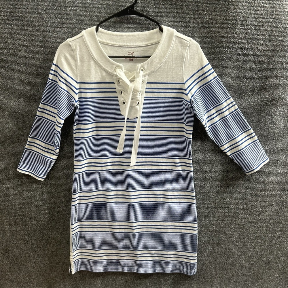 Vineyard Vines Pullover Dress Mini-Shift 3/4 Sleeve White Blue XXS / 2XS EUC